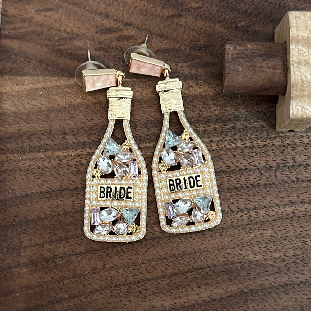 Gold & Pink Bride Champagne Bottle Earrings